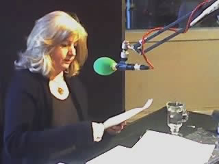 Liz recording the podcast